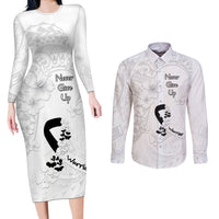 Lung Cancer Awareness Couples Matching Long Sleeve Bodycon Dress and Long Sleeve Button Shirt Never Give Up Polynesian Style LT05 White - Polynesian Pride