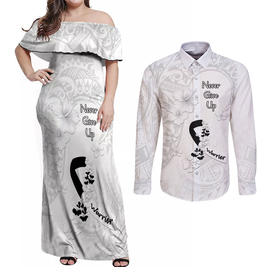 Lung Cancer Awareness Couples Matching Off Shoulder Maxi Dress and Long Sleeve Button Shirt Never Give Up Polynesian Style LT05 White - Polynesian Pride