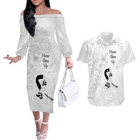 Lung Cancer Awareness Couples Matching Off The Shoulder Long Sleeve Dress and Hawaiian Shirt Never Give Up Polynesian Style LT05 White - Polynesian Pride