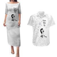 Lung Cancer Awareness Couples Matching Puletasi Dress and Hawaiian Shirt Never Give Up Polynesian Style LT05 White - Polynesian Pride