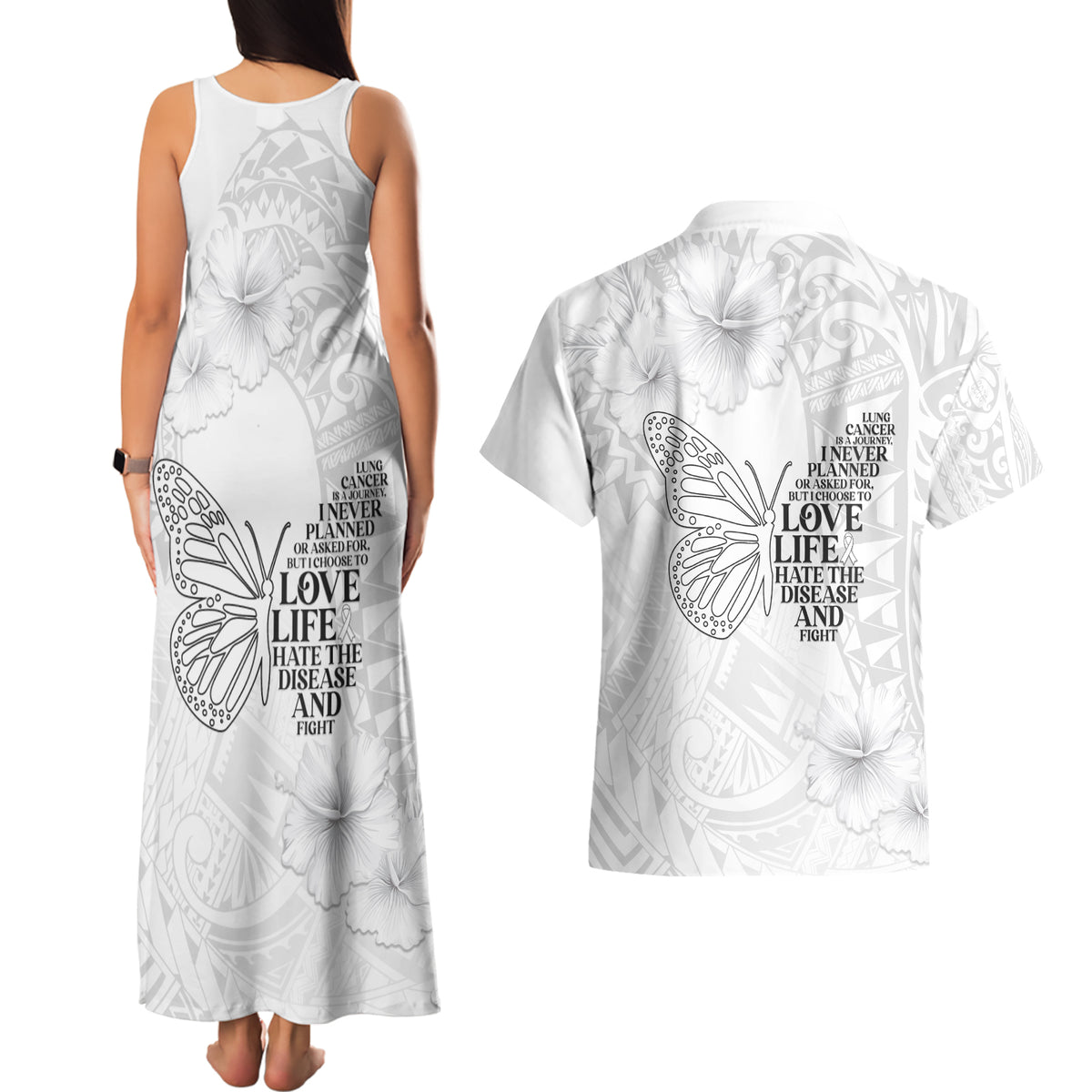 Lung Cancer Awareness Couples Matching Tank Maxi Dress and Hawaiian Shirt Never Give Up Polynesian Style LT05 - Polynesian Pride