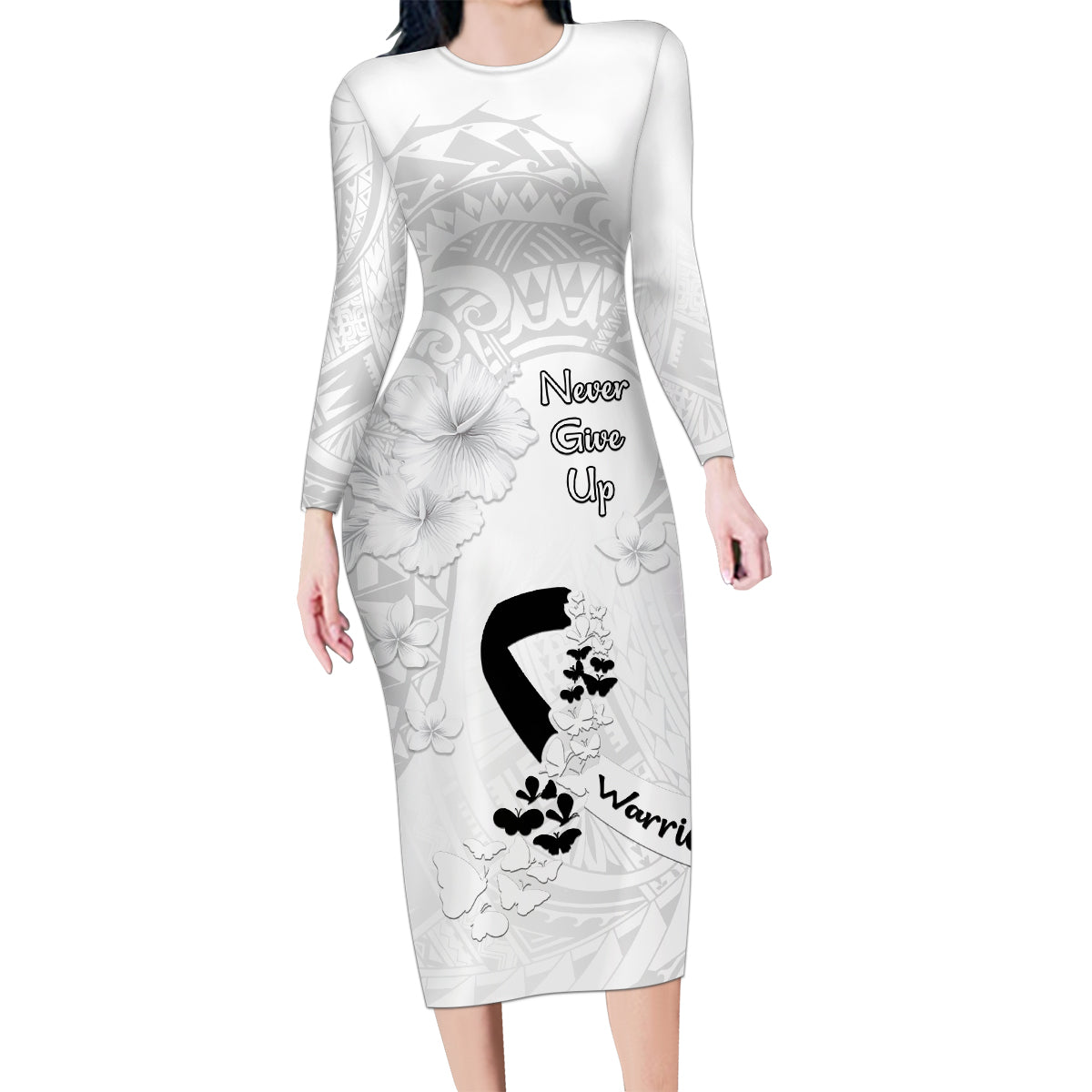 Lung Cancer Awareness Family Matching Long Sleeve Bodycon Dress and Hawaiian Shirt Never Give Up Polynesian Style LT05 Mom's Dress White - Polynesian Pride