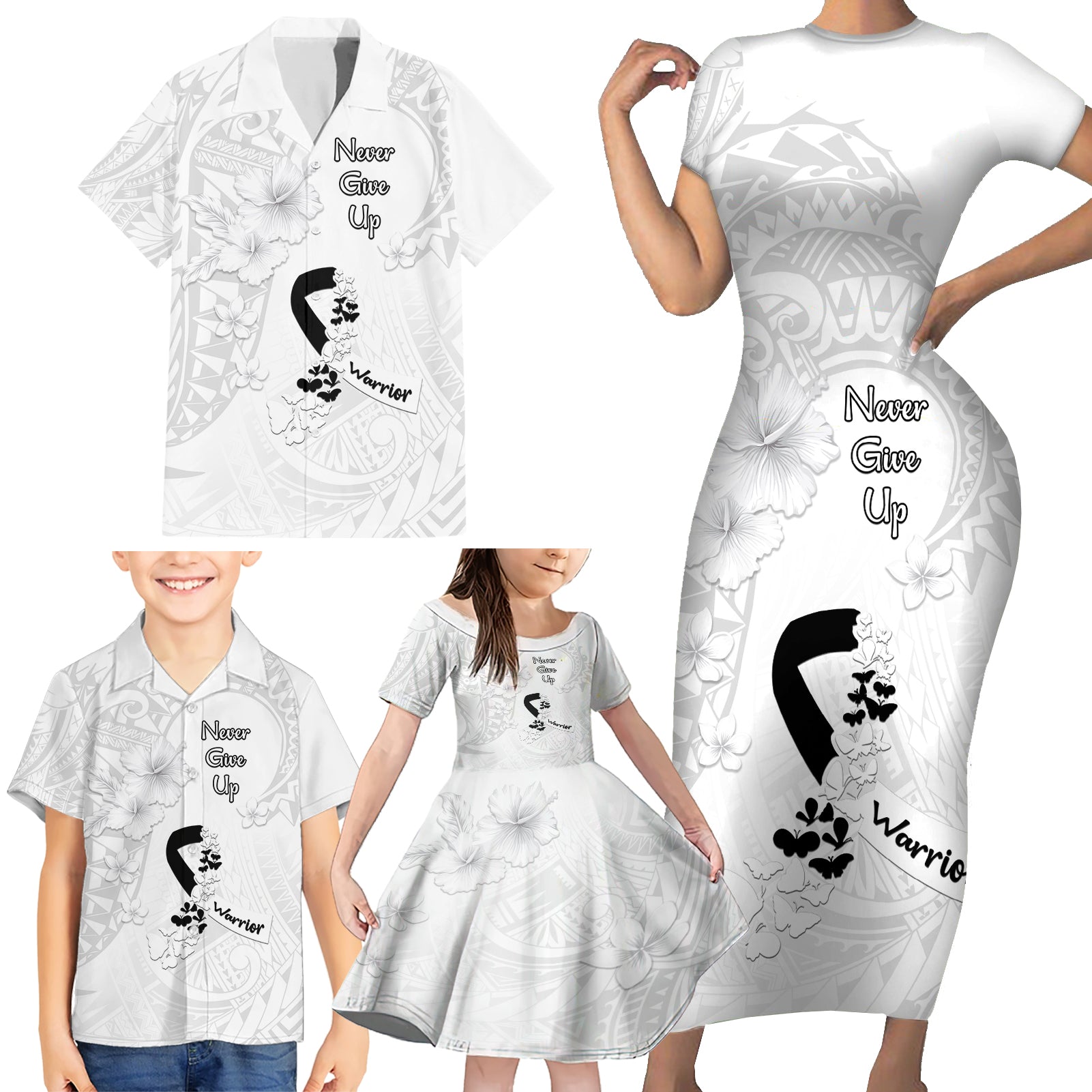 Lung Cancer Awareness Family Matching Short Sleeve Bodycon Dress and Hawaiian Shirt Never Give Up Polynesian Style LT05 - Polynesian Pride