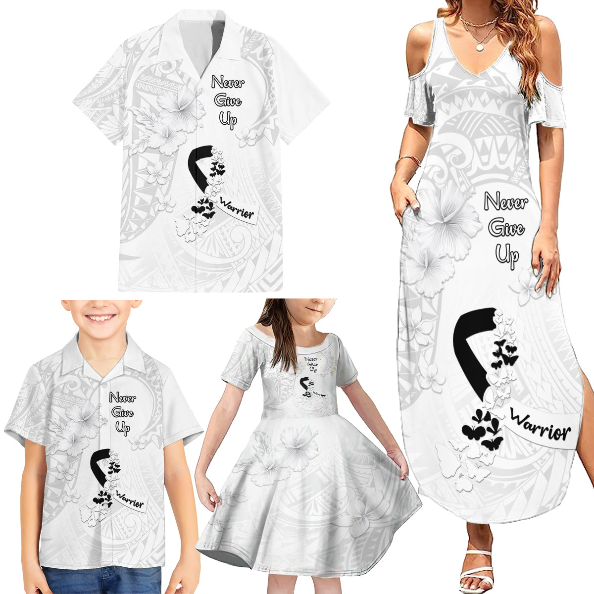 Lung Cancer Awareness Family Matching Summer Maxi Dress and Hawaiian Shirt Never Give Up Polynesian Style LT05 - Polynesian Pride