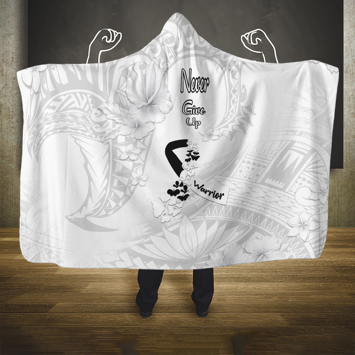 Lung Cancer Awareness Hooded Blanket Never Give Up Polynesian Style LT05 One Size White - Polynesian Pride