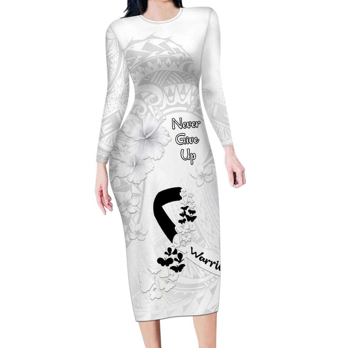 Lung Cancer Awareness Long Sleeve Bodycon Dress Never Give Up Polynesian Style LT05 Long Dress White - Polynesian Pride