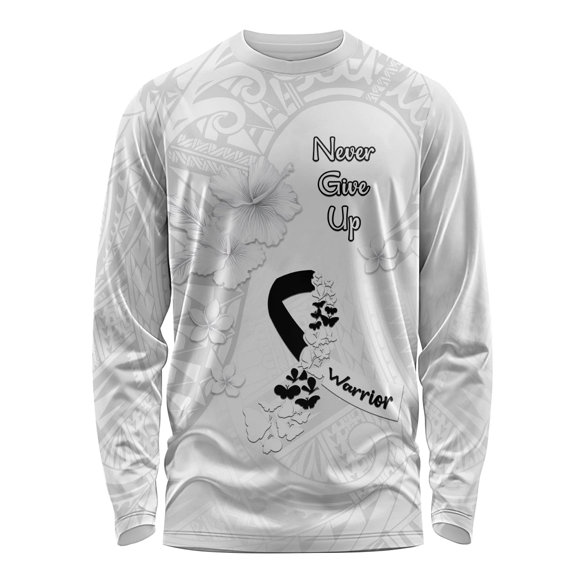 Lung Cancer Awareness Long Sleeve Shirt Never Give Up Polynesian Style LT05 Unisex White - Polynesian Pride