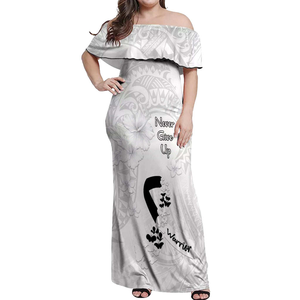 Lung Cancer Awareness Off Shoulder Maxi Dress Never Give Up Polynesian Style LT05 Women White - Polynesian Pride