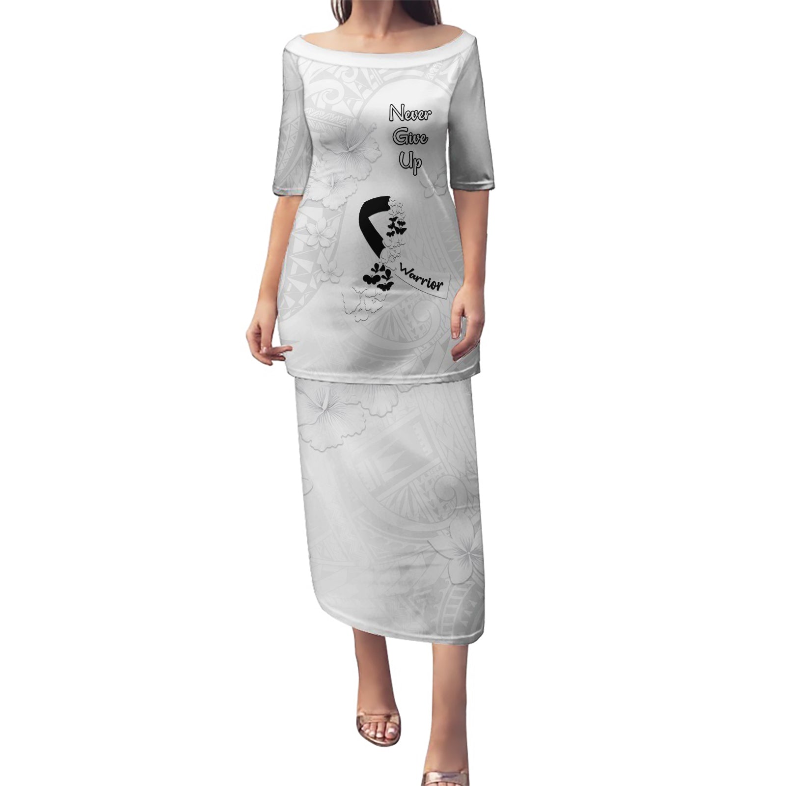 Lung Cancer Awareness Puletasi Never Give Up Polynesian Style LT05 Long Dress White - Polynesian Pride