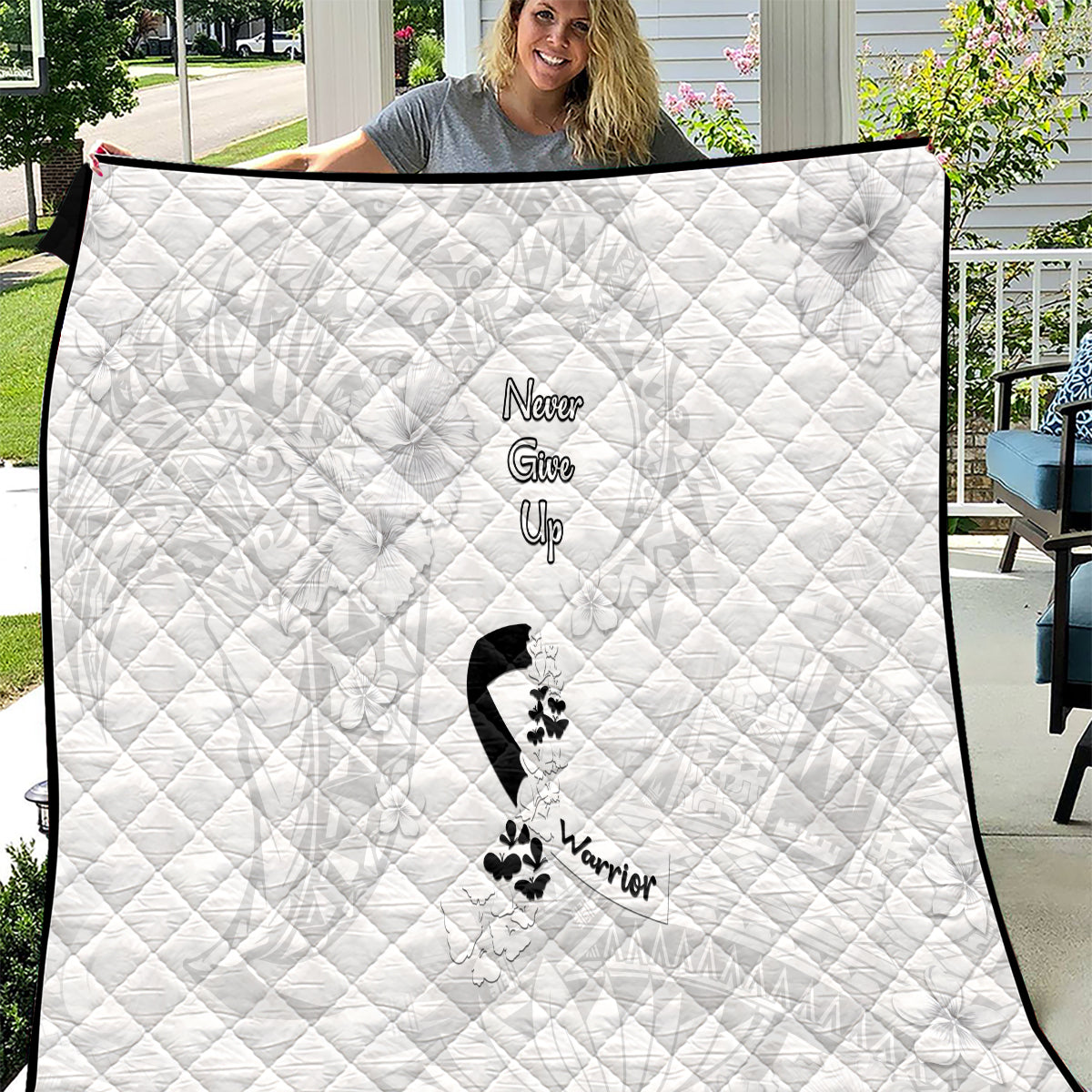 Lung Cancer Awareness Quilt Never Give Up Polynesian Style LT05 White - Polynesian Pride