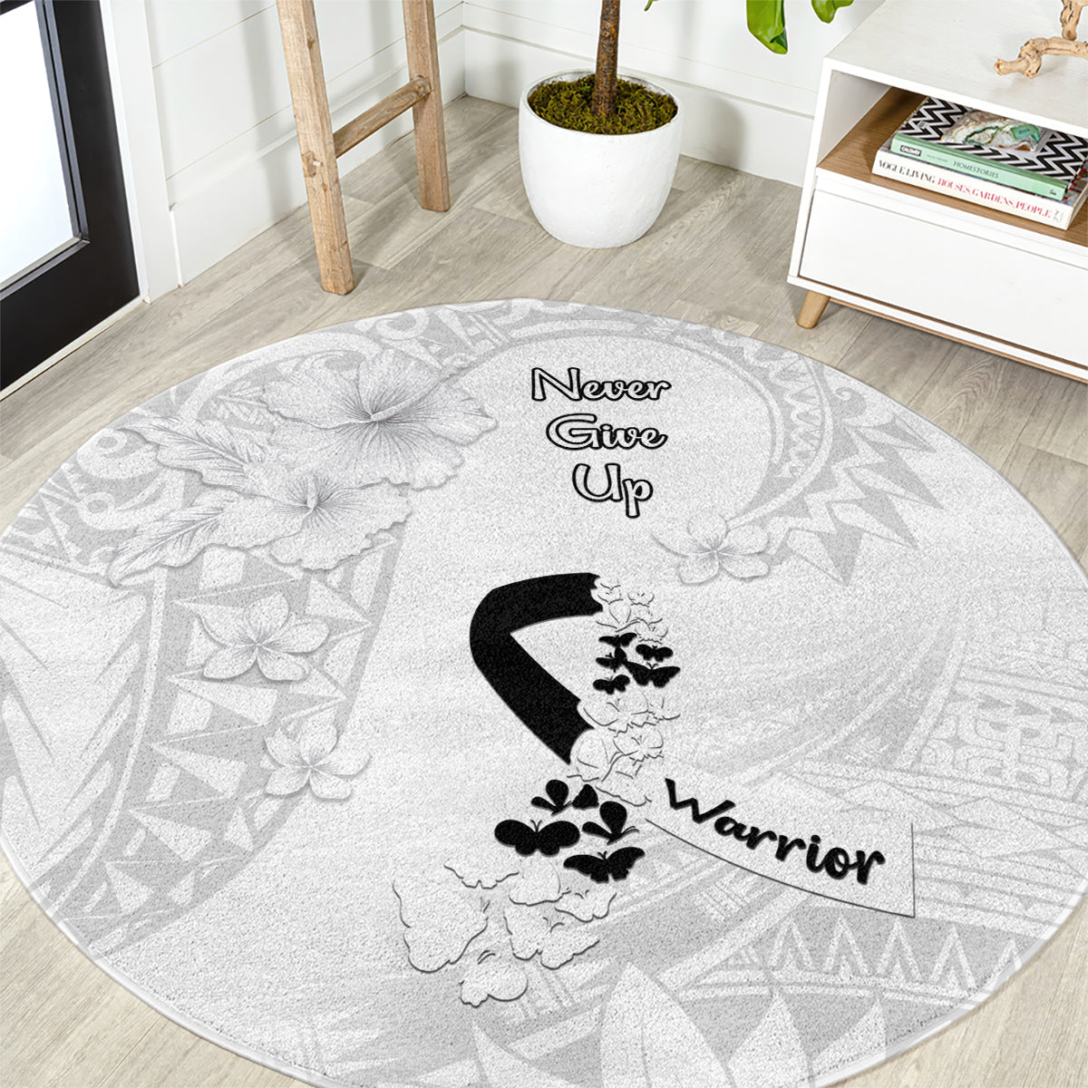 Lung Cancer Awareness Round Carpet Never Give Up Polynesian Style LT05 White - Polynesian Pride