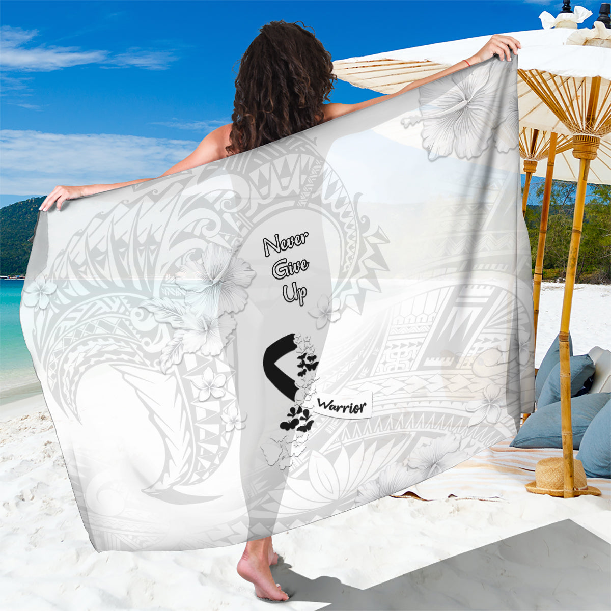 Lung Cancer Awareness Sarong Never Give Up Polynesian Style LT05 One Size 44 x 66 inches White - Polynesian Pride