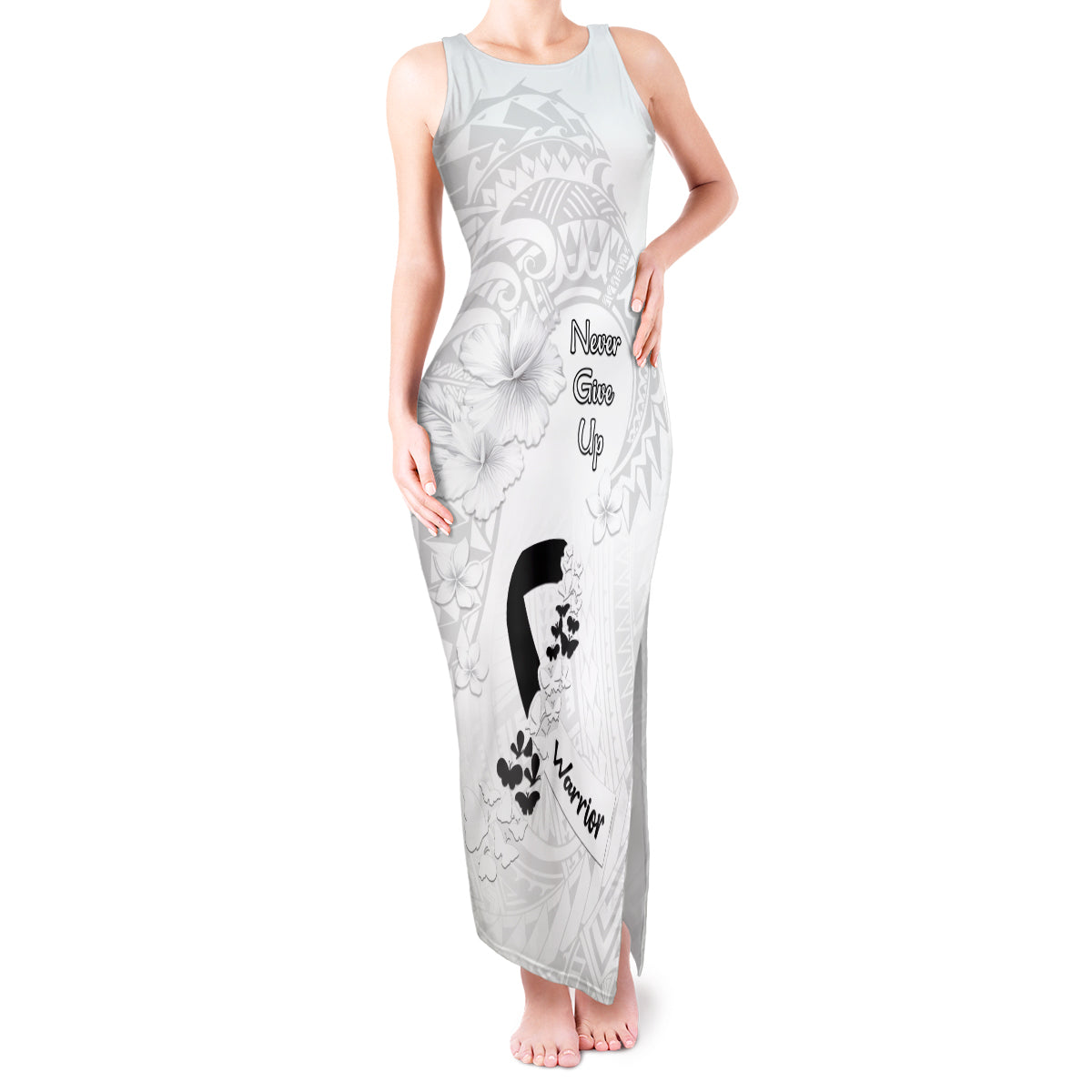 Lung Cancer Awareness Tank Maxi Dress Never Give Up Polynesian Style LT05 Women White - Polynesian Pride