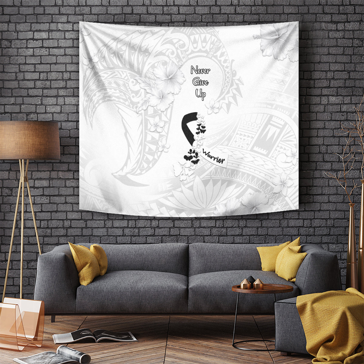 Lung Cancer Awareness Tapestry Never Give Up Polynesian Style LT05 White - Polynesian Pride