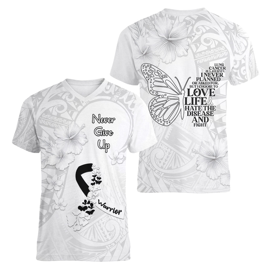 Lung Cancer Awareness Women V Neck T Shirt Never Give Up Polynesian Style LT05 - Polynesian Pride