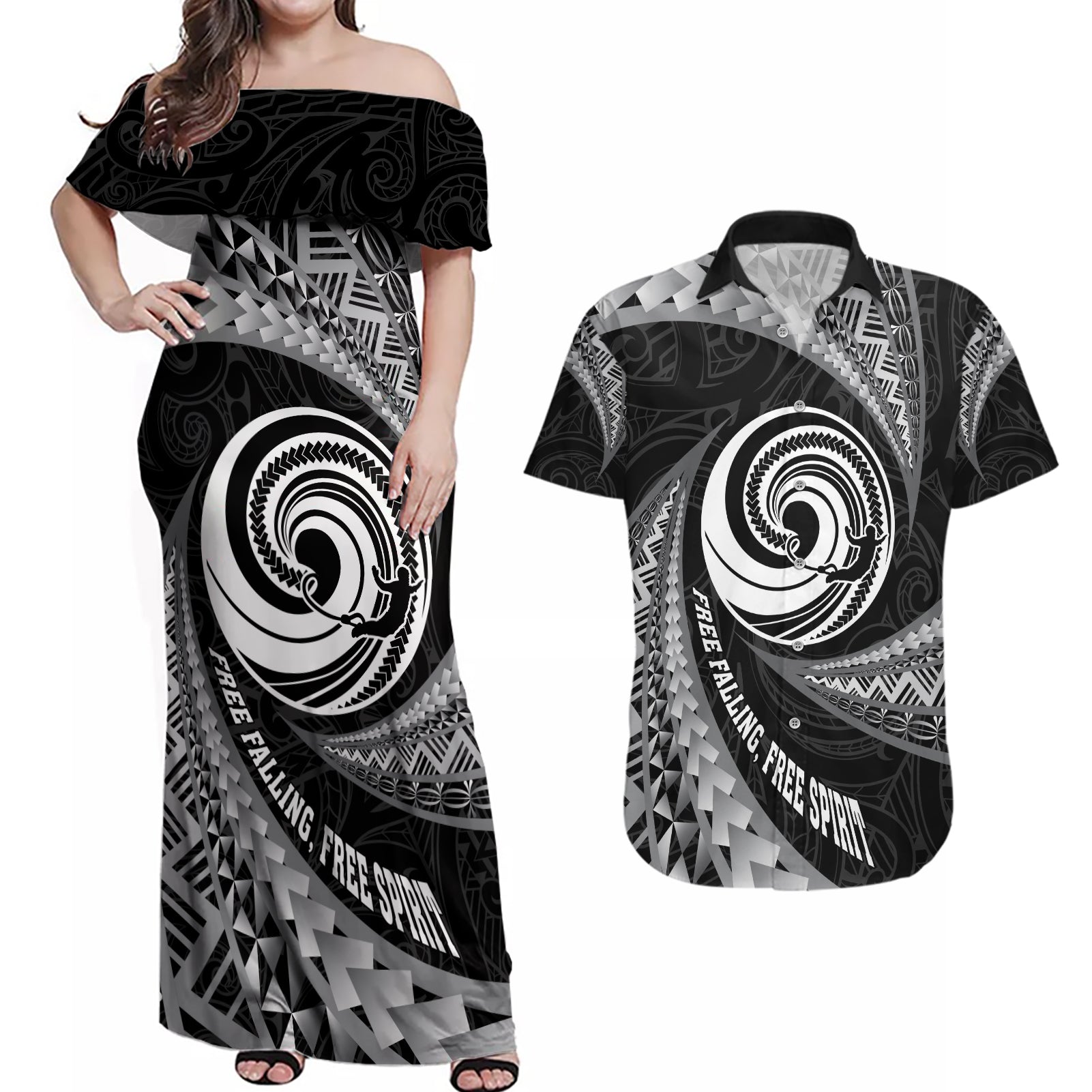 Personalised New Zealand Bungy Jumping Couples Matching Off Shoulder Maxi Dress and Hawaiian Shirt Maori Pattern LT05 Black - Polynesian Pride