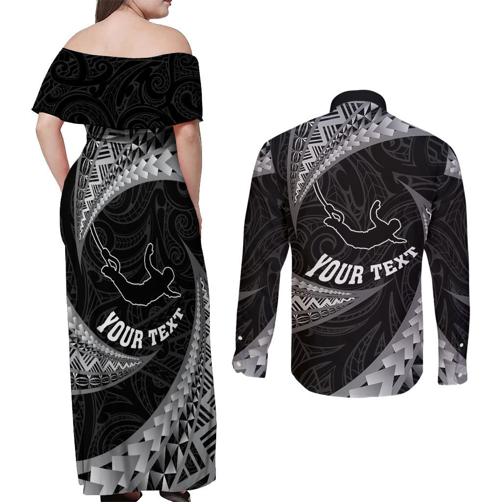 Personalised New Zealand Bungy Jumping Couples Matching Off Shoulder Maxi Dress and Long Sleeve Button Shirt Maori Pattern LT05 - Polynesian Pride