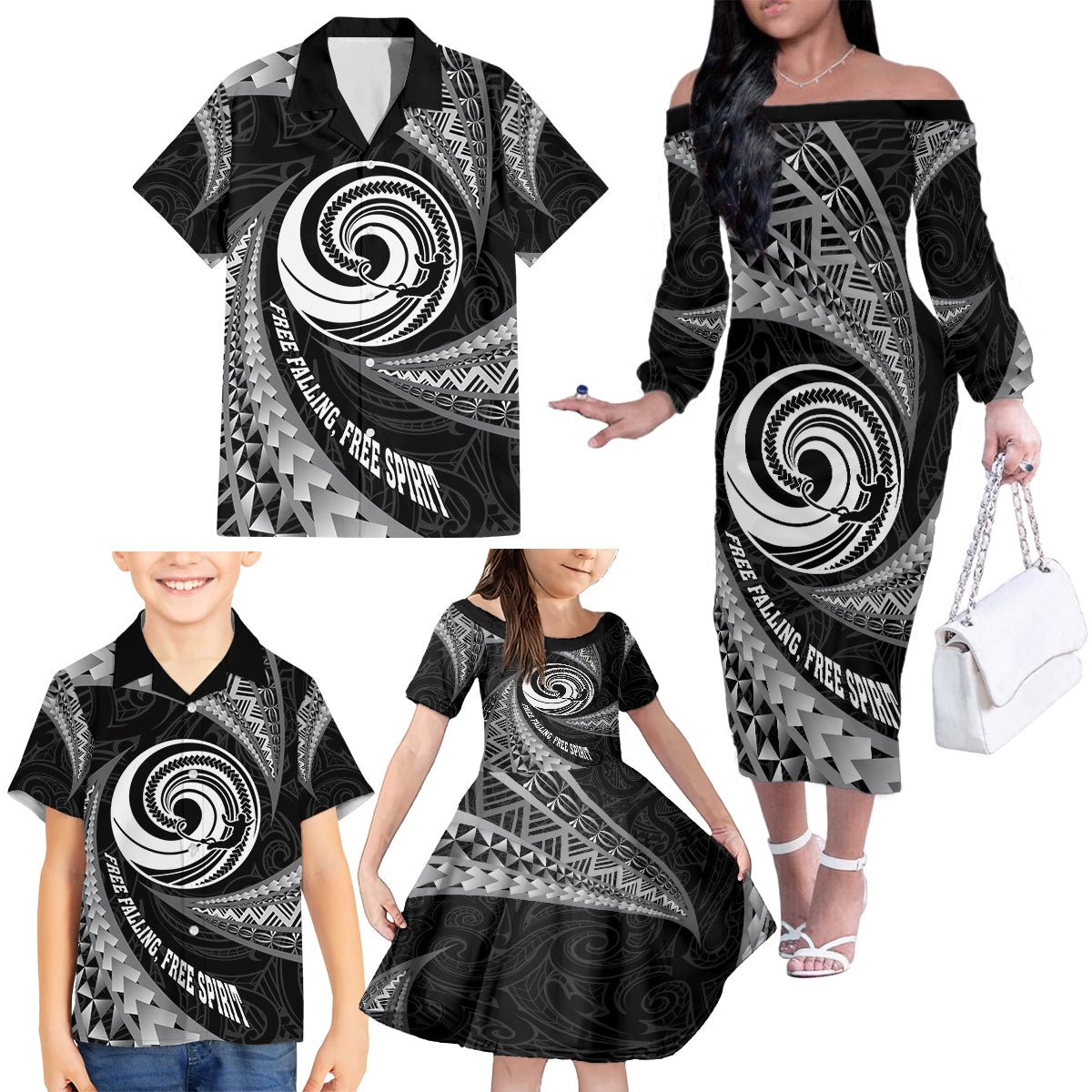 Personalised New Zealand Bungy Jumping Family Matching Off Shoulder Long Sleeve Dress and Hawaiian Shirt Maori Pattern LT05 - Polynesian Pride