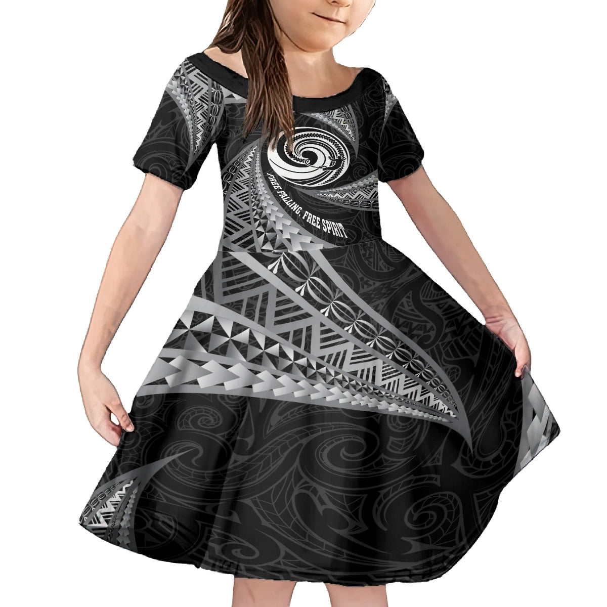 Personalised New Zealand Bungy Jumping Family Matching Off Shoulder Maxi Dress and Hawaiian Shirt Maori Pattern LT05 Daughter's Dress Black - Polynesian Pride