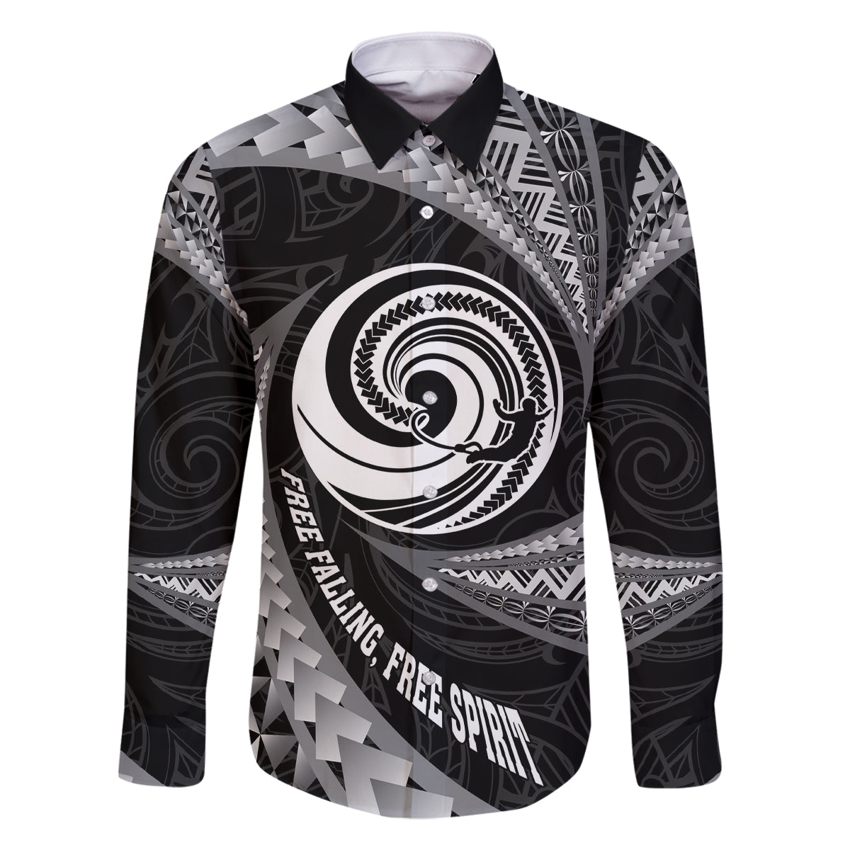 Personalised New Zealand Bungy Jumping Family Matching Off Shoulder Short Dress and Hawaiian Shirt Maori Pattern LT05 Dad's Shirt - Long Sleeve Black - Polynesian Pride
