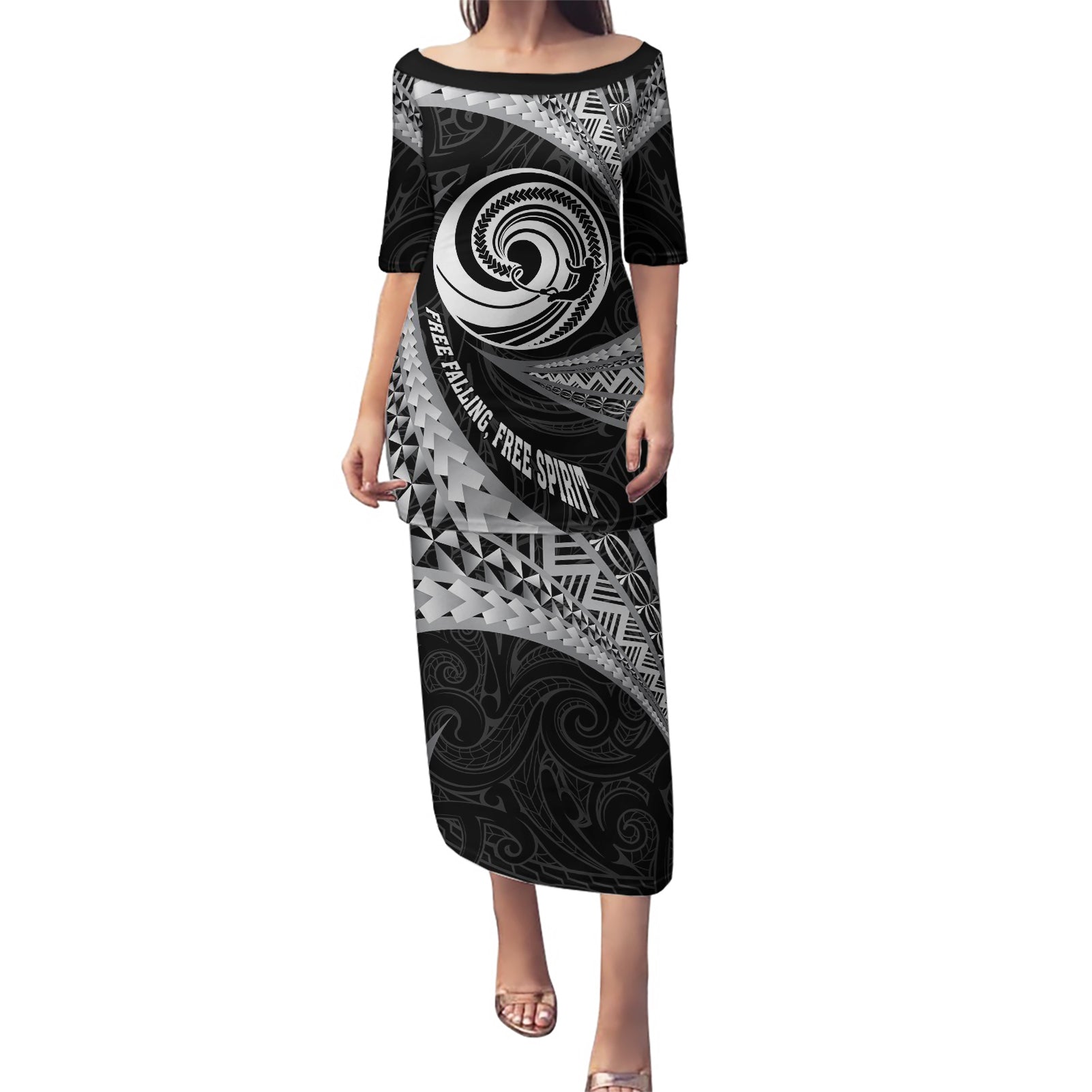 Personalised New Zealand Bungy Jumping Puletasi Maori Pattern LT05 Long Dress Black - Polynesian Pride