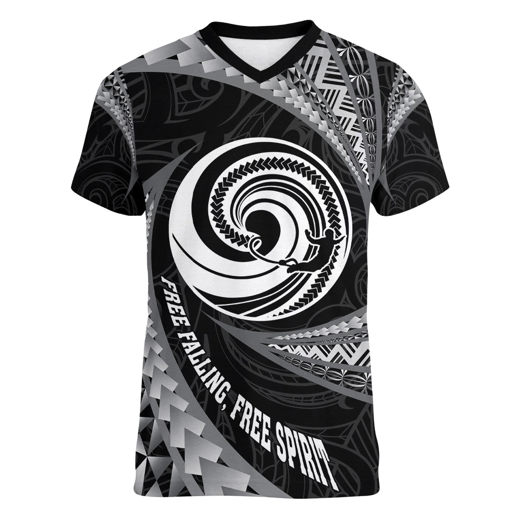 Personalised New Zealand Bungy Jumping Women V Neck T Shirt Maori Pattern LT05 Female Black - Polynesian Pride