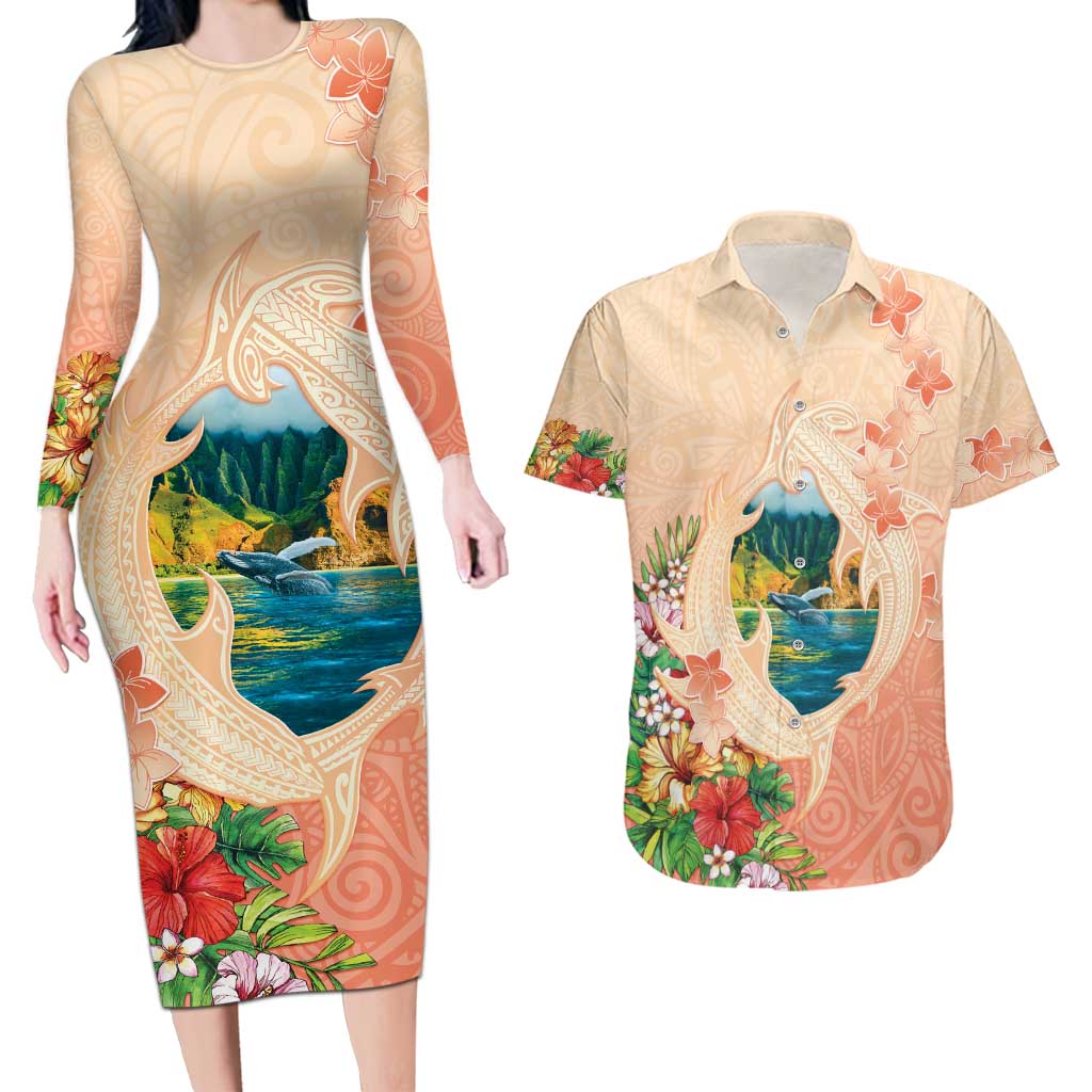 Hawaii Kauai Na Pali Coast Landscape Couples Matching Long Sleeve Bodycon Dress and Hawaiian Shirt