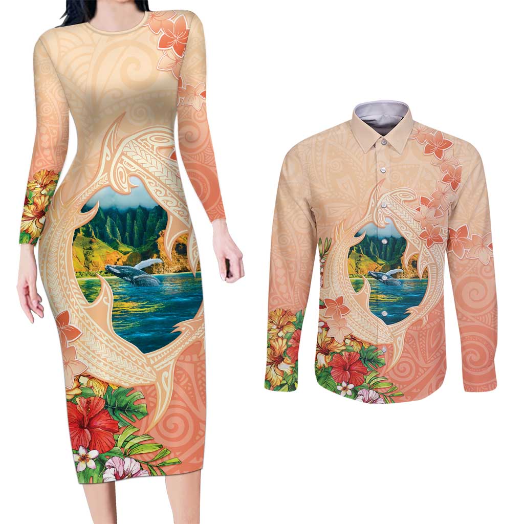 Hawaii Kauai Na Pali Coast Landscape Couples Matching Long Sleeve Bodycon Dress and Long Sleeve Button Shirt LT05 Peach - Polynesian Pride
