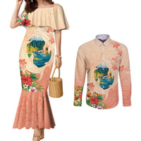 Hawaii Kauai Na Pali Coast Landscape Couples Matching Mermaid Dress and Long Sleeve Button Shirt LT05 Peach - Polynesian Pride