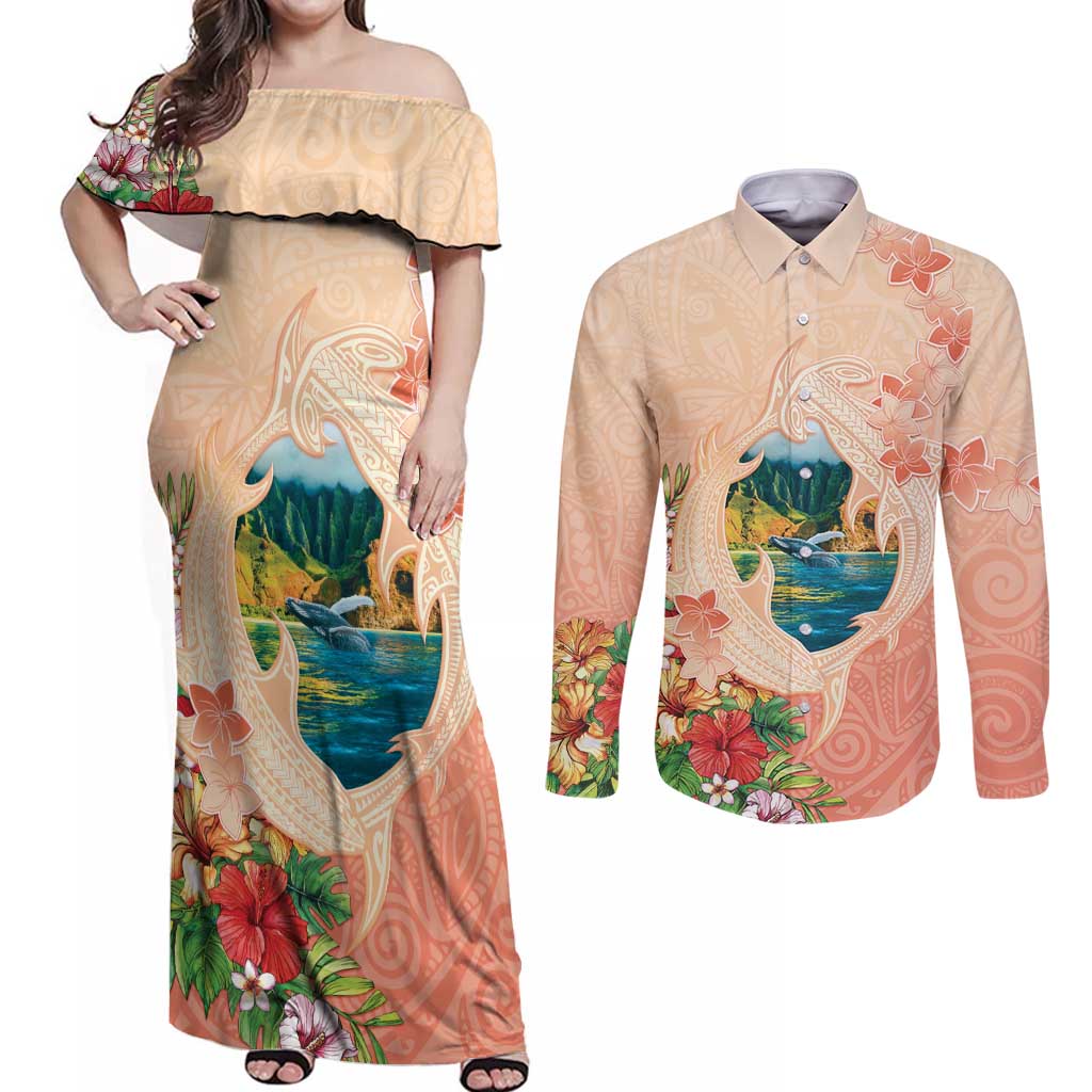 Hawaii Kauai Na Pali Coast Landscape Couples Matching Off Shoulder Maxi Dress and Long Sleeve Button Shirt LT05 Peach - Polynesian Pride