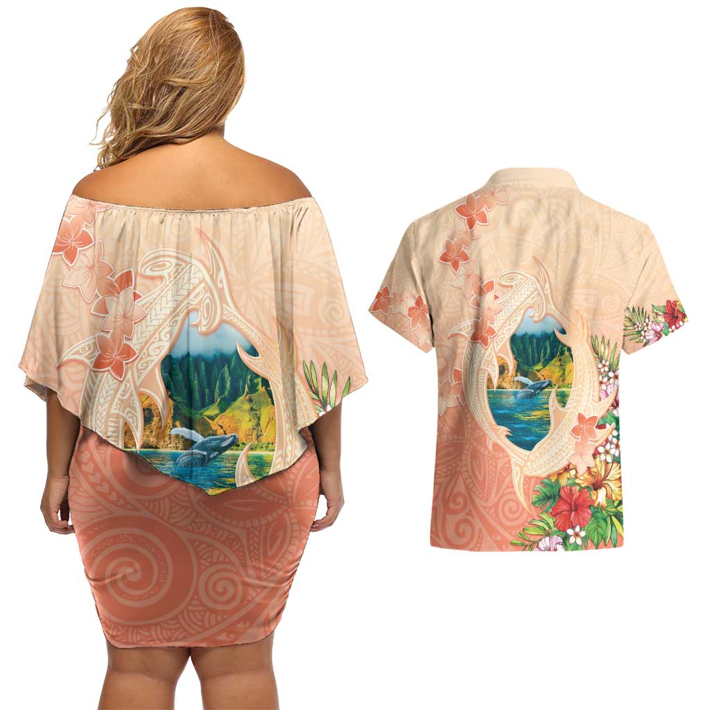 Hawaii Kauai Na Pali Coast Landscape Couples Matching Off Shoulder Short Dress and Hawaiian Shirt LT05 - Polynesian Pride