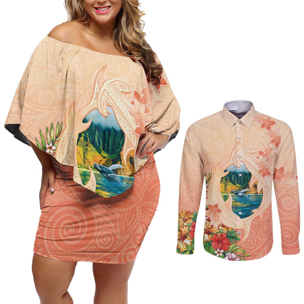 Hawaii Kauai Na Pali Coast Landscape Couples Matching Off Shoulder Short Dress and Long Sleeve Button Shirt LT05 Peach - Polynesian Pride