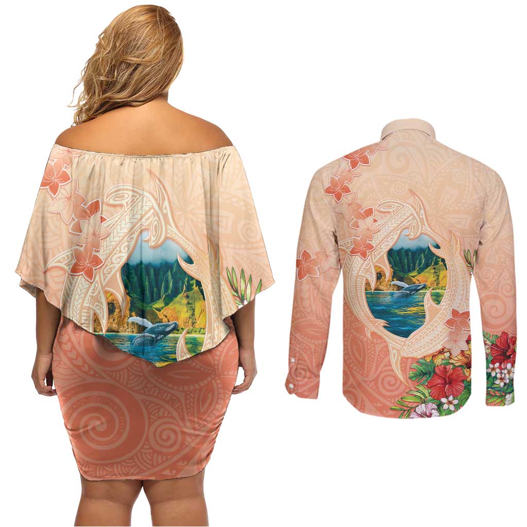 Hawaii Kauai Na Pali Coast Landscape Couples Matching Off Shoulder Short Dress and Long Sleeve Button Shirt LT05 - Polynesian Pride