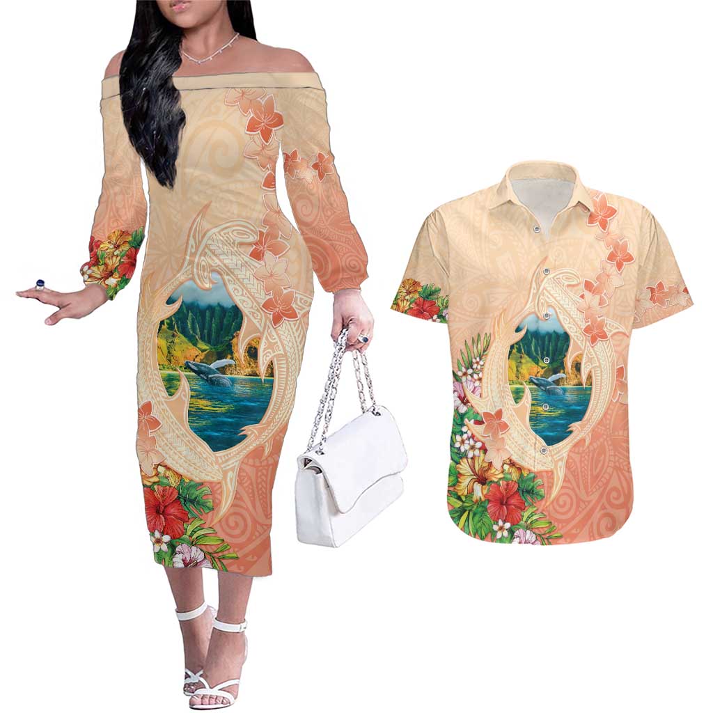 Hawaii Kauai Na Pali Coast Landscape Couples Matching Off The Shoulder Long Sleeve Dress and Hawaiian Shirt LT05 Peach - Polynesian Pride