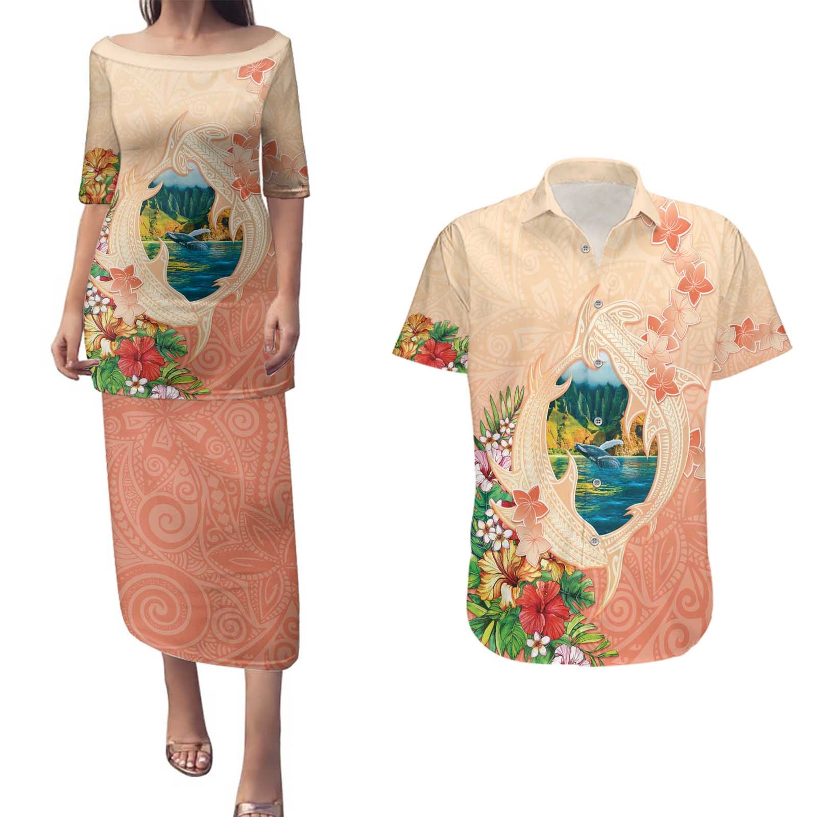 Hawaii Kauai Na Pali Coast Landscape Couples Matching Puletasi and Hawaiian Shirt LT05 Peach - Polynesian Pride