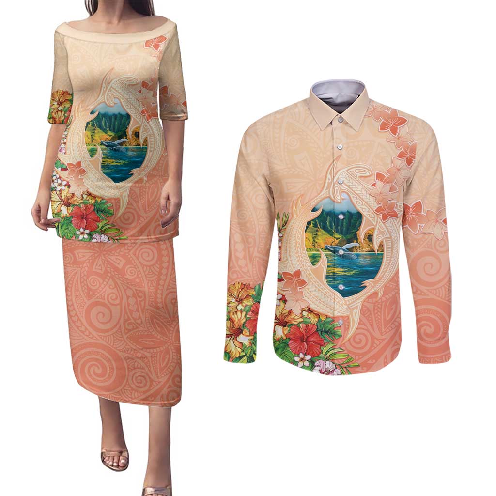 Hawaii Kauai Na Pali Coast Landscape Couples Matching Puletasi and Long Sleeve Button Shirt LT05 Peach - Polynesian Pride