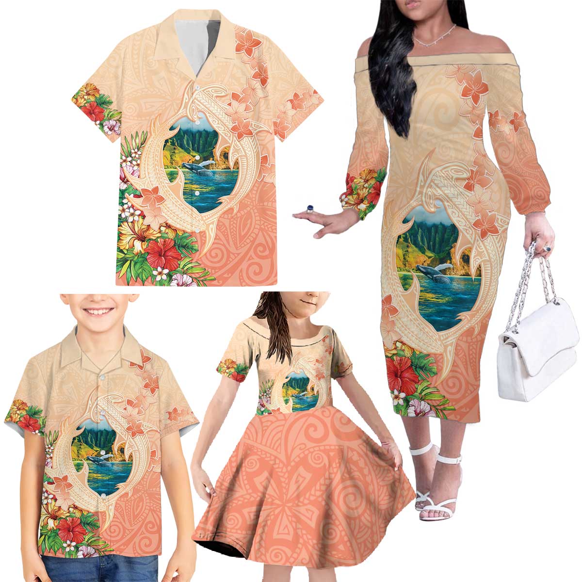 Hawaii Kauai Na Pali Coast Landscape Family Matching Off The Shoulder Long Sleeve Dress and Hawaiian Shirt