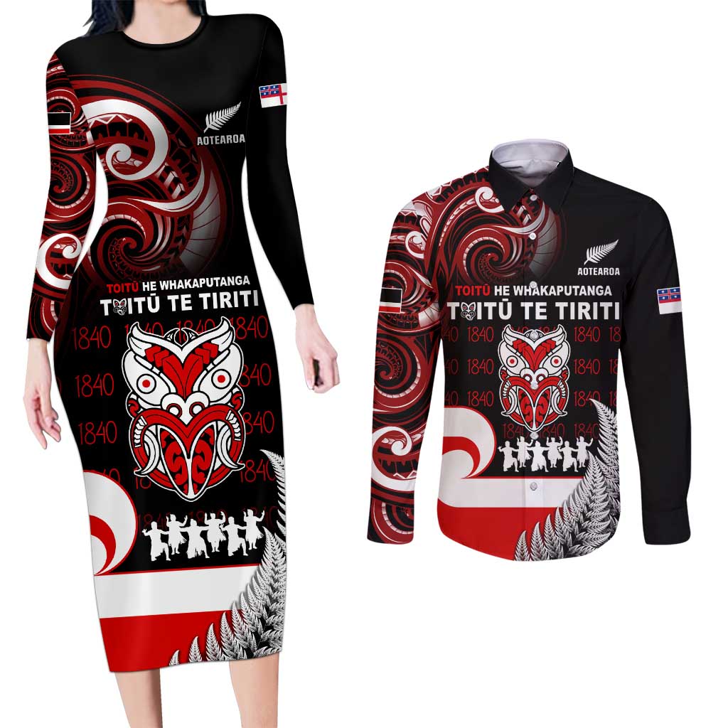 Aotearoa Toitu He Whakaputanga Couples Matching Long Sleeve Bodycon Dress and Long Sleeve Button Shirt Toitu Te Tiriti O Waitangi LT05 Black - Polynesian Pride