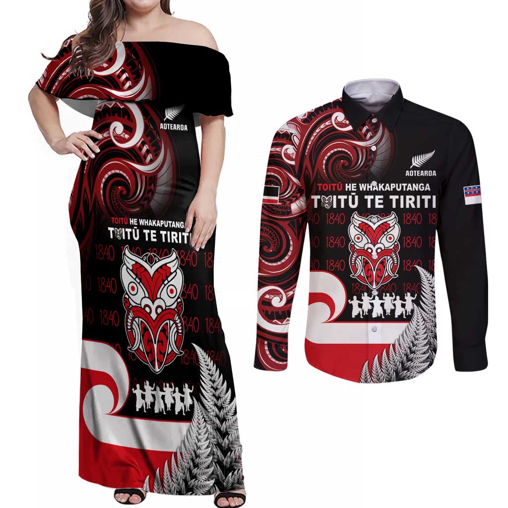 Aotearoa Toitu He Whakaputanga Couples Matching Off Shoulder Maxi Dress and Long Sleeve Button Shirt Toitu Te Tiriti O Waitangi LT05 Black - Polynesian Pride