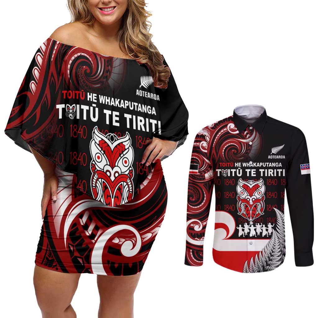 Aotearoa Toitu He Whakaputanga Couples Matching Off Shoulder Short Dress and Long Sleeve Button Shirt Toitu Te Tiriti O Waitangi LT05 Black - Polynesian Pride