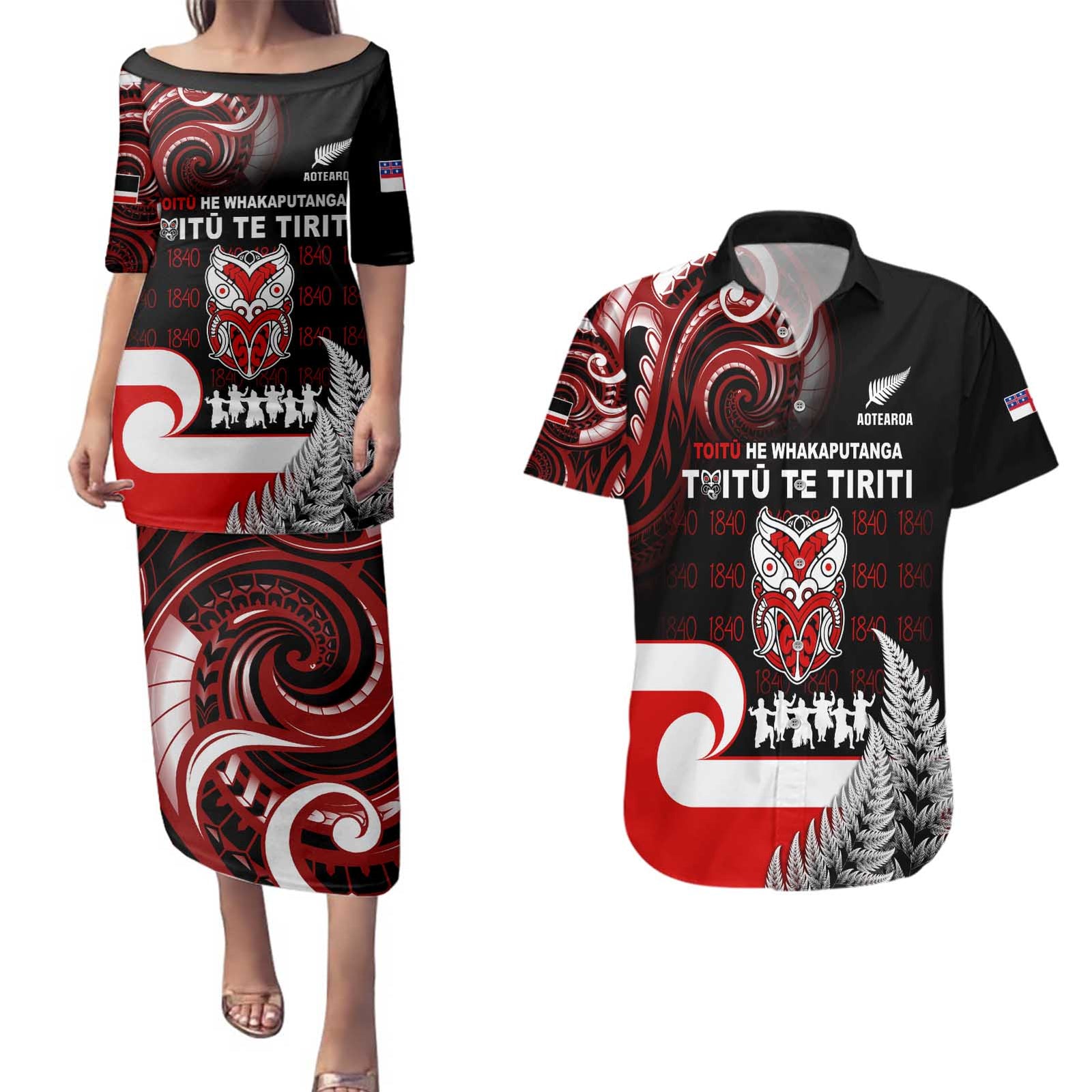 Aotearoa Toitu He Whakaputanga Couples Matching Puletasi and Hawaiian Shirt Toitu Te Tiriti O Waitangi LT05 Black - Polynesian Pride
