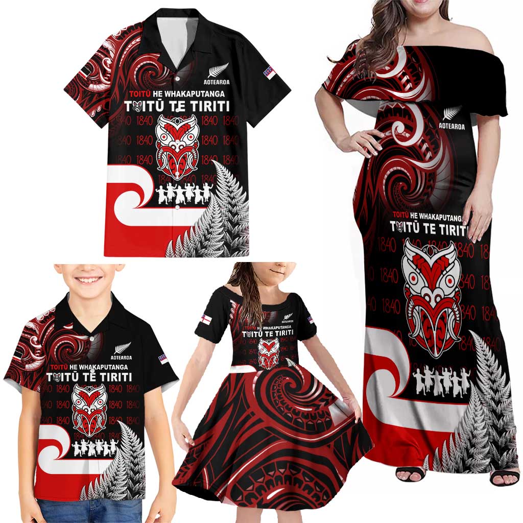 Aotearoa Toitu He Whakaputanga Family Matching Off Shoulder Maxi Dress and Hawaiian Shirt Toitu Te Tiriti O Waitangi