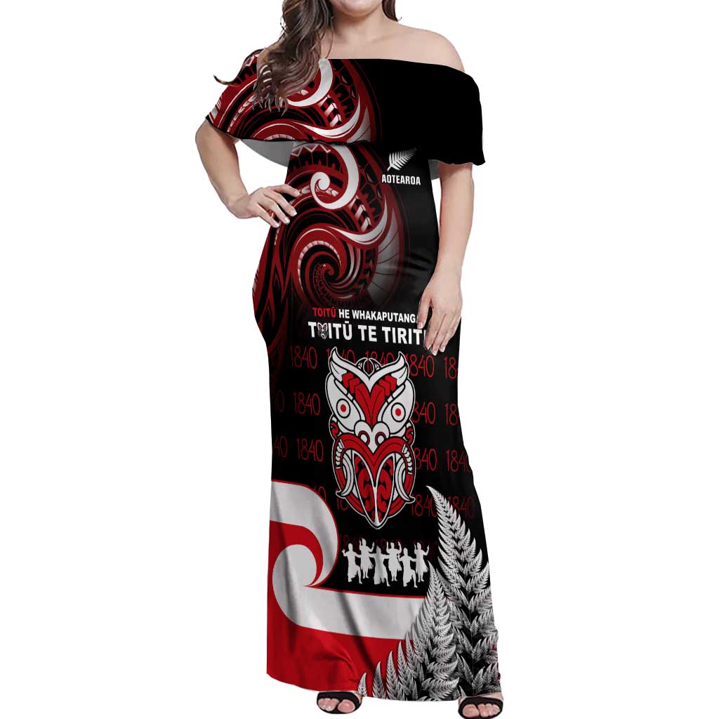 Aotearoa Toitu He Whakaputanga Off Shoulder Maxi Dress Toitu Te Tiriti O Waitangi LT05 Women Black - Polynesian Pride