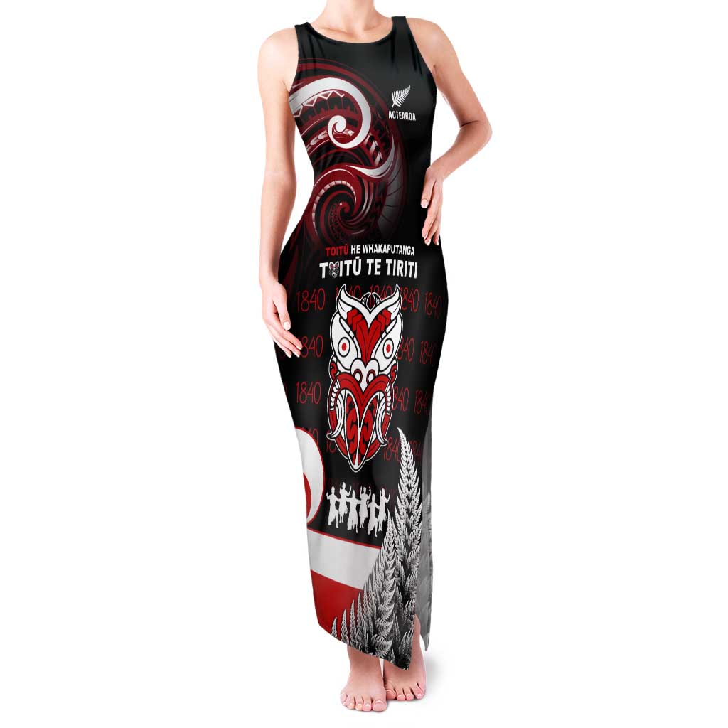 Aotearoa Toitu He Whakaputanga Tank Maxi Dress Toitu Te Tiriti O Waitangi LT05 Women Black - Polynesian Pride