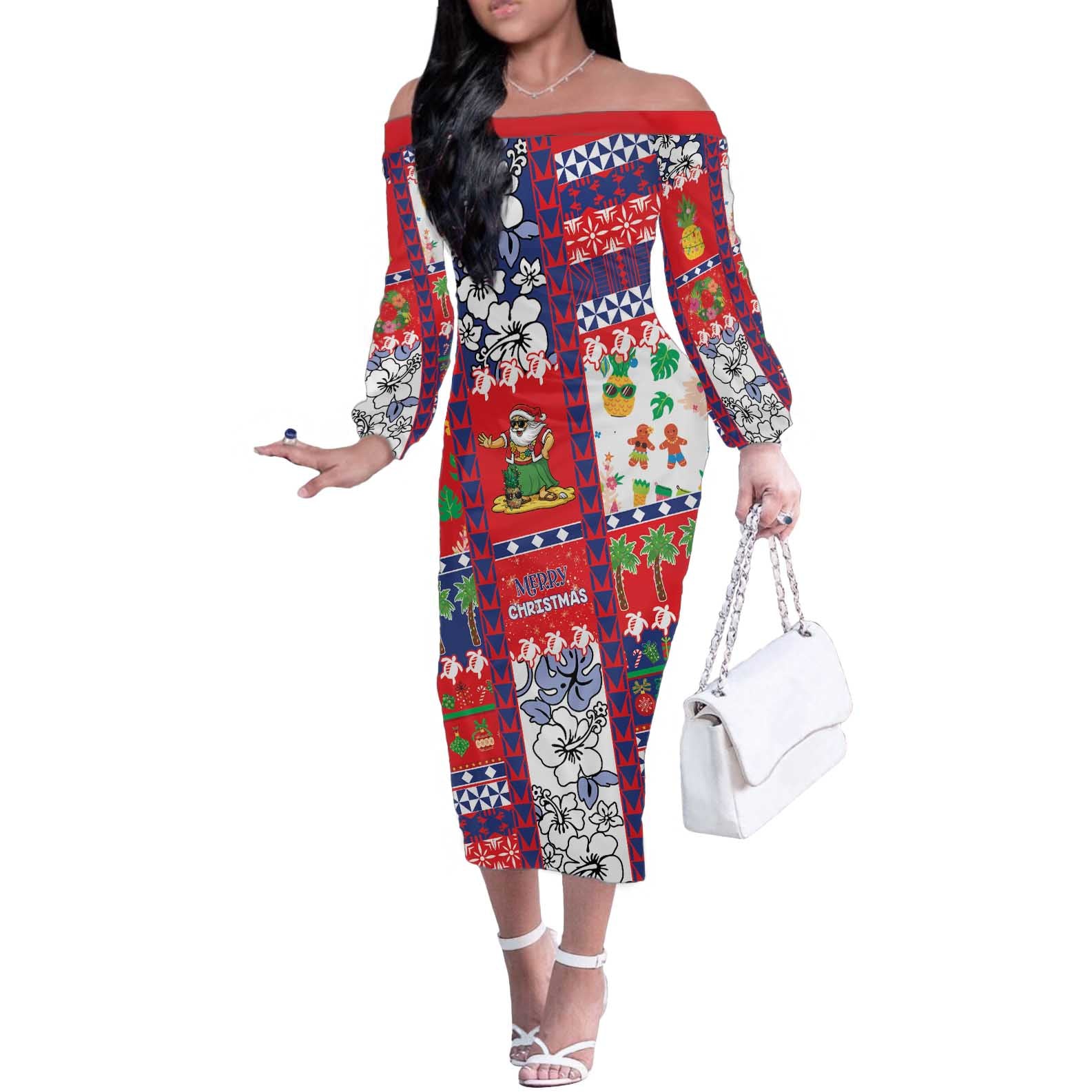 Wallis And Futuna Christmas Off The Shoulder Long Sleeve Dress Festive Beach Vibes - Polynesian Pride