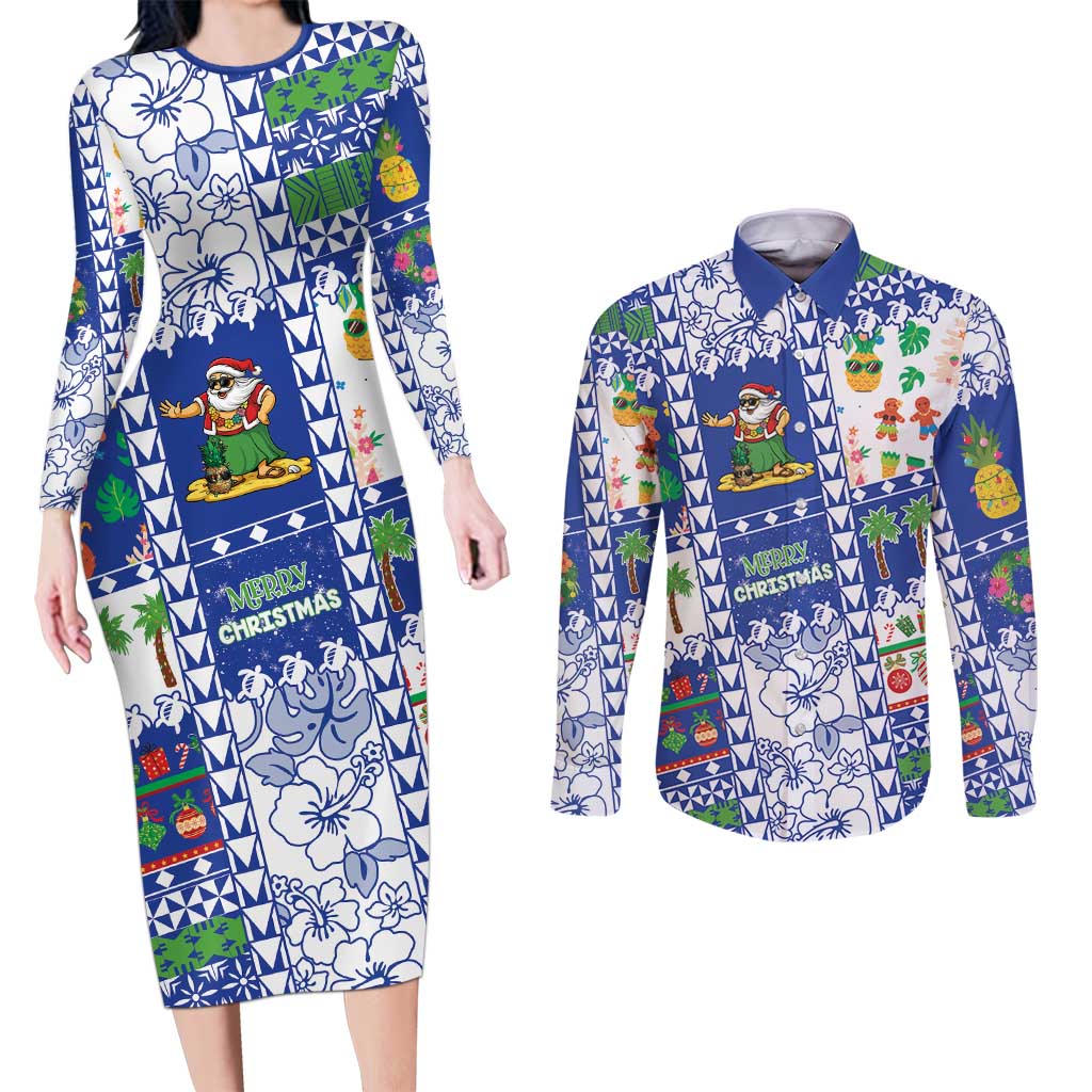 Northern Mariana Islands Christmas Couples Matching Long Sleeve Bodycon Dress and Long Sleeve Button Shirt Festive Beach Vibes - Polynesian Pride