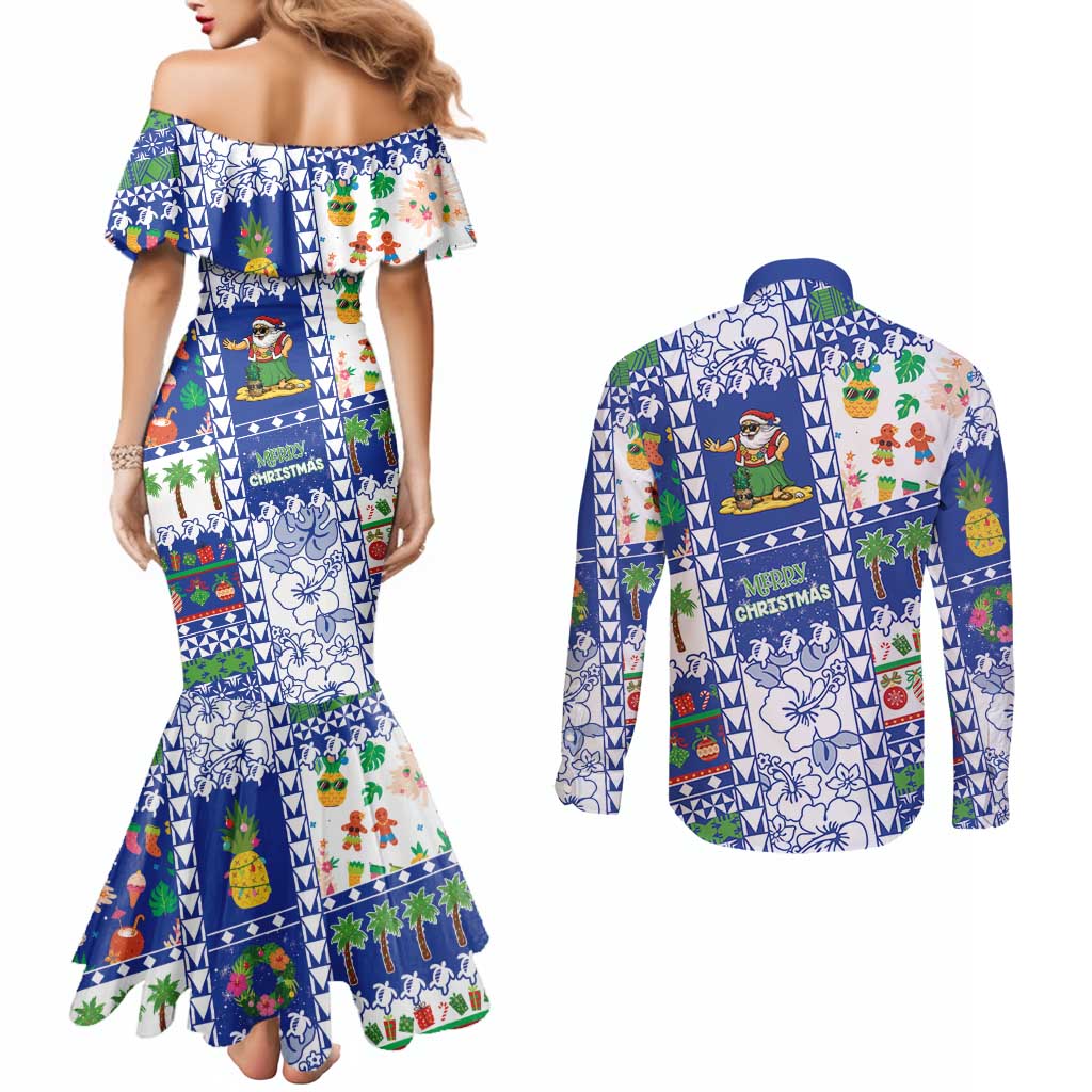 Northern Mariana Islands Christmas Couples Matching Mermaid Dress and Long Sleeve Button Shirt Festive Beach Vibes - Polynesian Pride