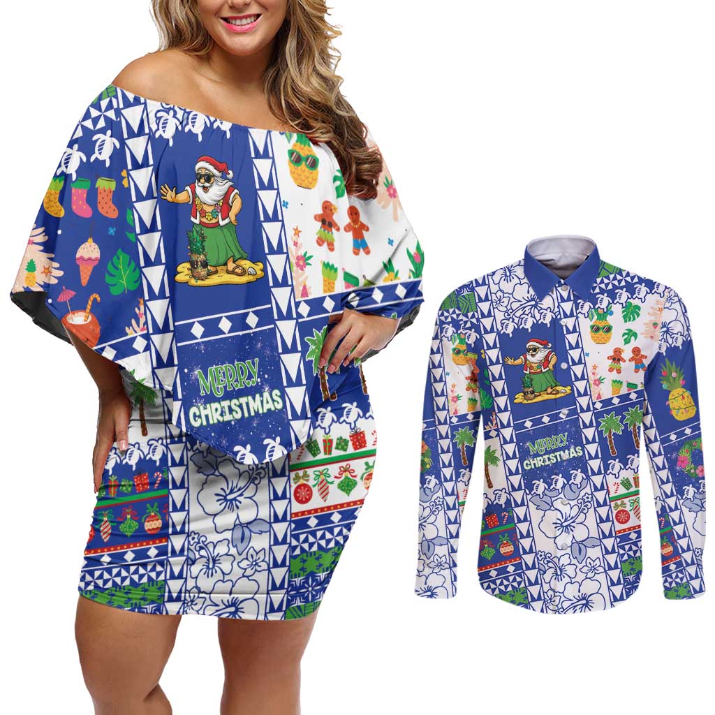 Northern Mariana Islands Christmas Couples Matching Off Shoulder Short Dress and Long Sleeve Button Shirt Festive Beach Vibes - Polynesian Pride