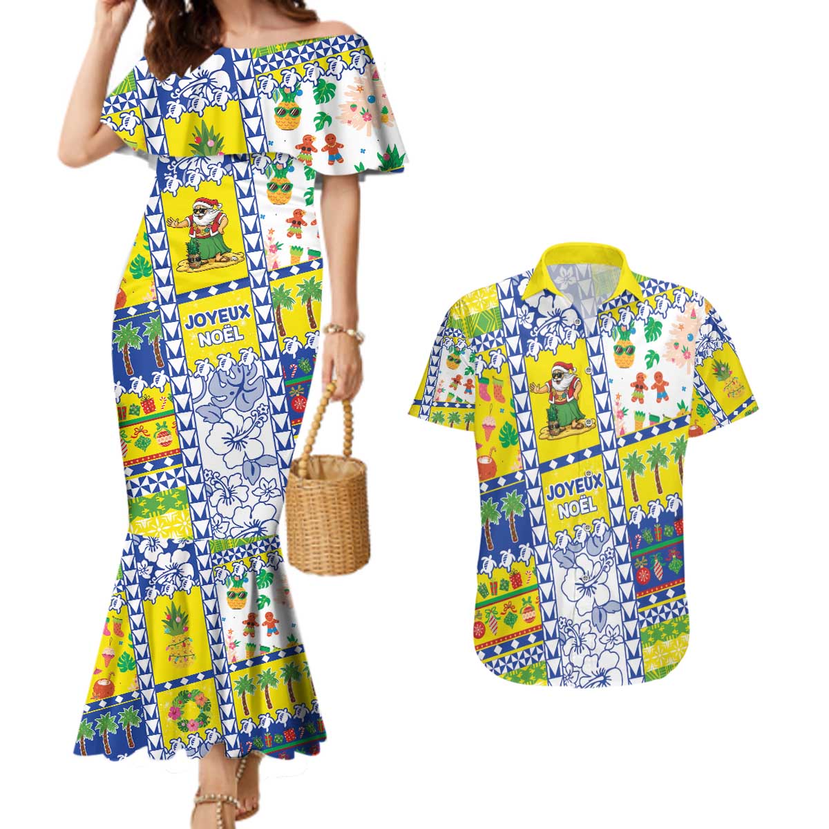New Caledonia Christmas Couples Matching Mermaid Dress and Hawaiian Shirt Festive Beach Vibes - Polynesian Pride