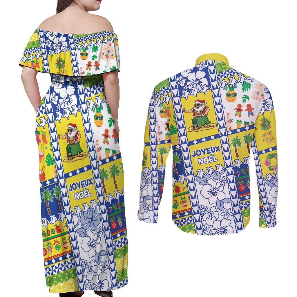 New Caledonia Christmas Couples Matching Off Shoulder Maxi Dress and Long Sleeve Button Shirt Festive Beach Vibes - Polynesian Pride